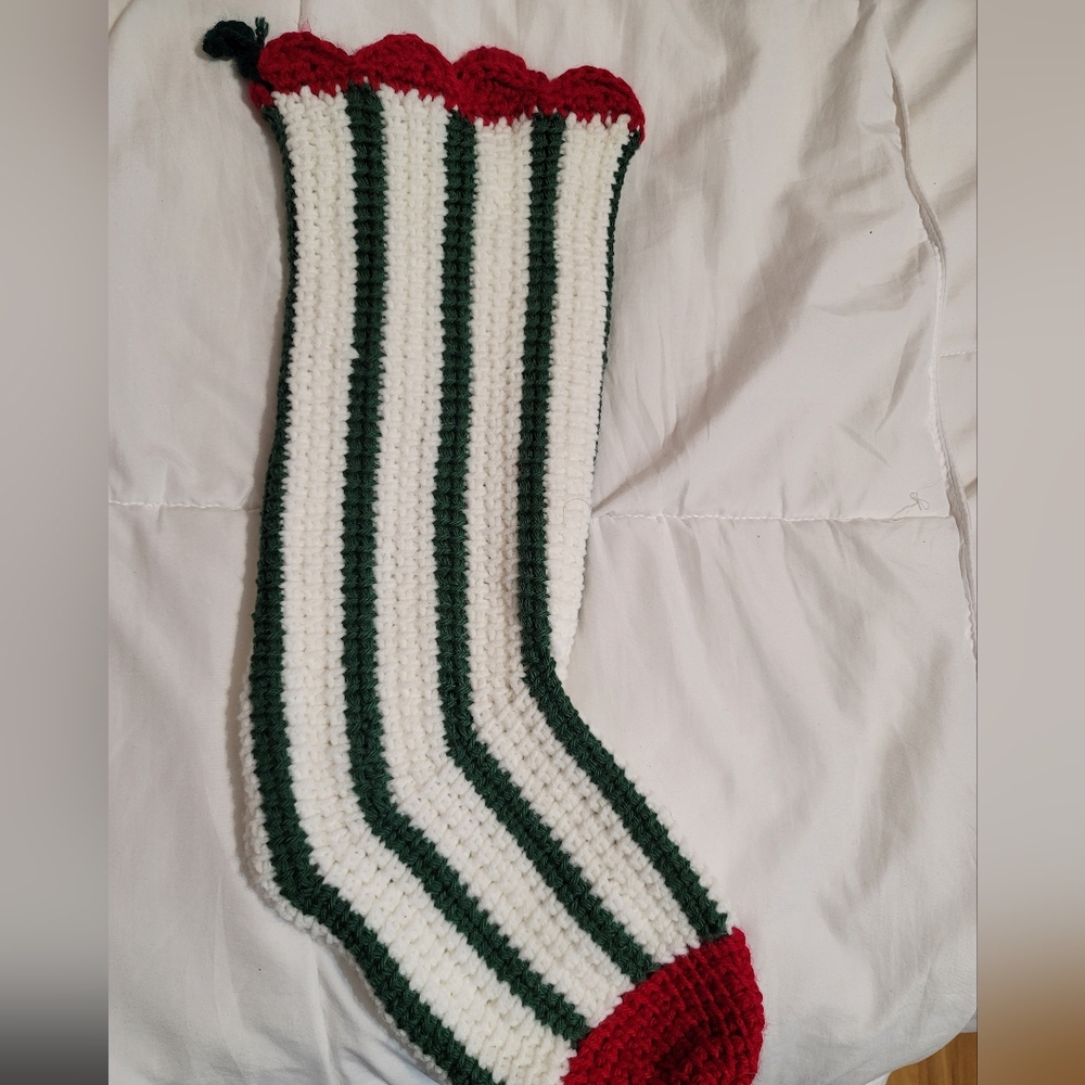 Handmade Crochet Stocking (Vintage) White with Green Stripes, red Toe and Heel
